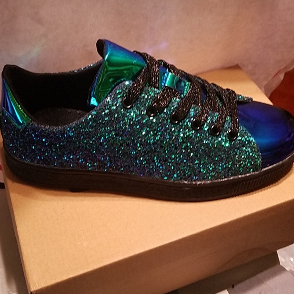 NEW BLUE GREEN GLITTER SEQUINS SNEAKERS SHOES - Picture 3 of 8